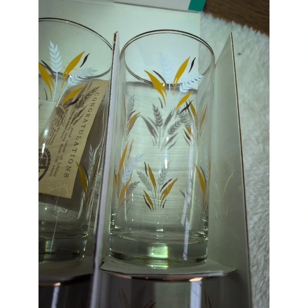 Set of 8 Vintage Libbey Informals‎ Glasses Tumblers Gold Wheat Design NIB